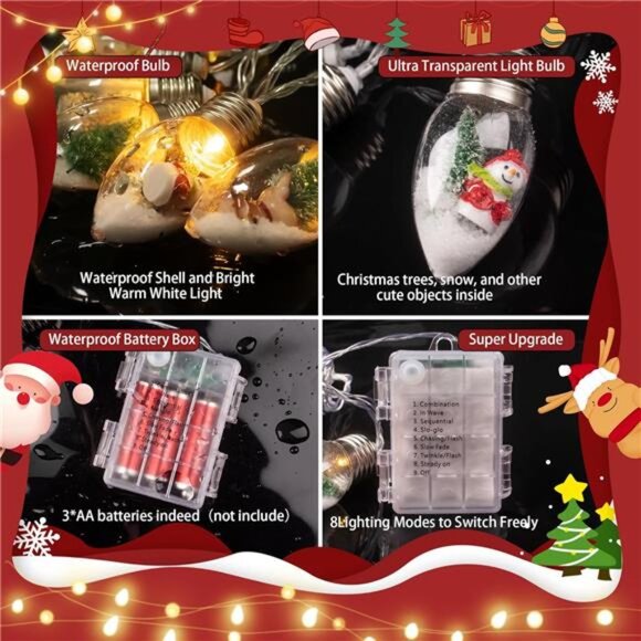 6.6FT Christmas Vintage Decor String Light - 10LED Snow Globe Bulbs String - Picture 3 of 8